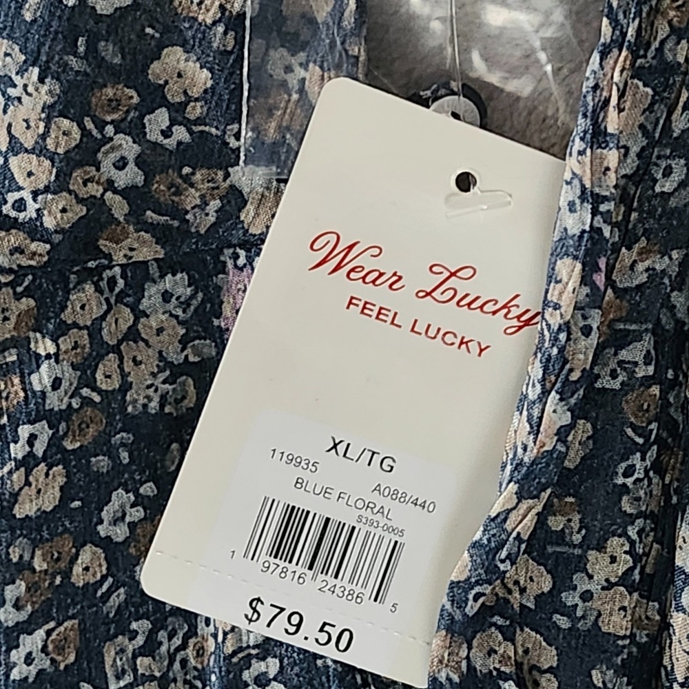 Lucky Brand Women XL Sheer‎ Peasant Blouse Ruffle Button Up Blue Floral NEW - Picture 8 of 16